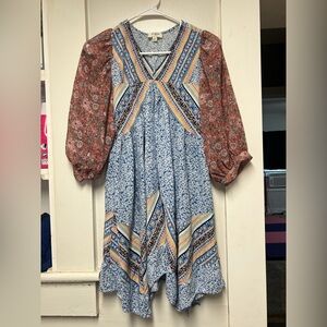 Umgee Blue Floral Patchwork Babydoll Dress with Rust Paisley Sleeves